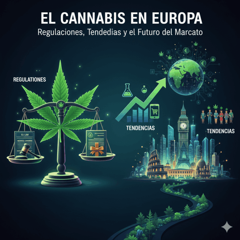 Mapa conceptual del mercado del cannabis en Europa 2026, destacando la legalización, la regulación del CBD y oportunidades de inversión.