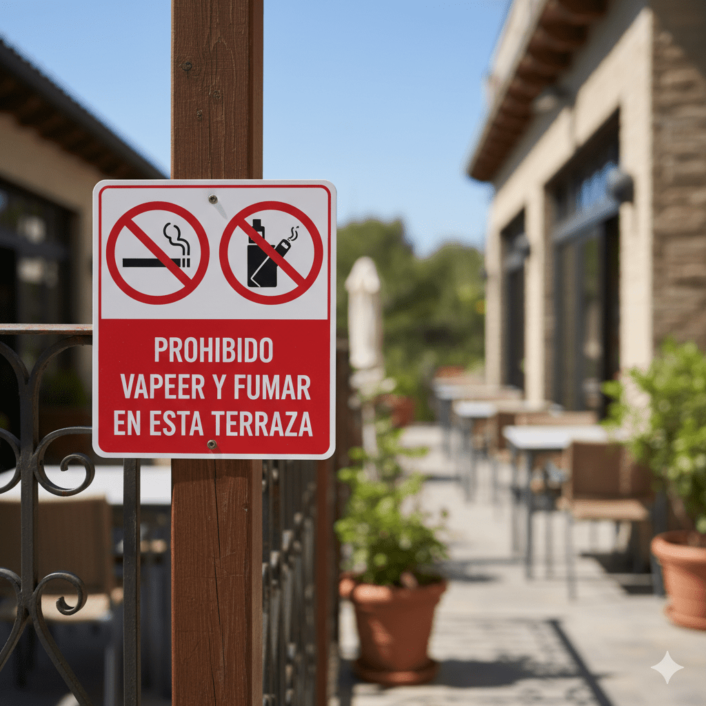 Cartel de prohibido fumar en la terraza de un restaurante, representando la nueva normativa de espacios libres de humo en España.