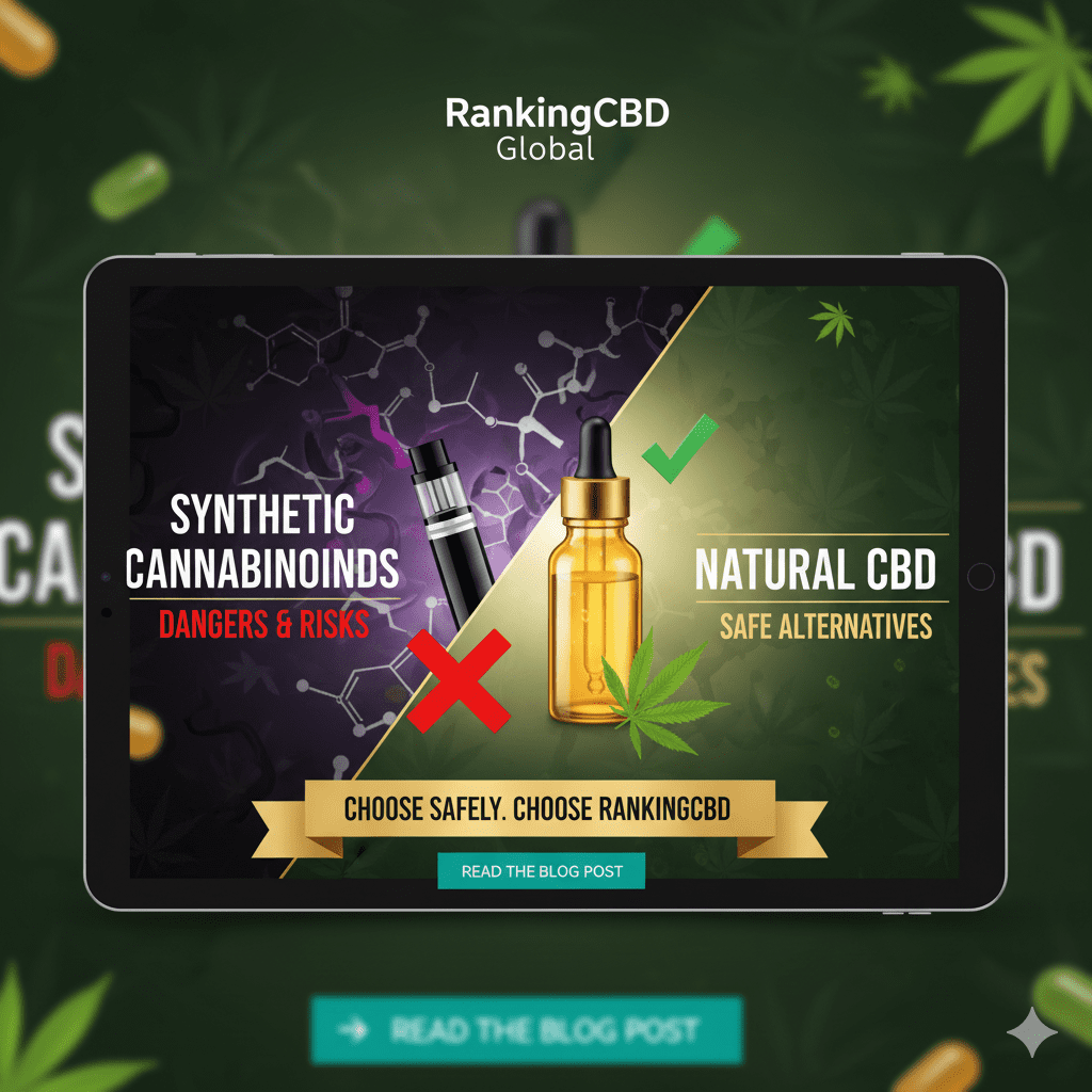 Comparison showing dangers of synthetic cannabinoids vs. safe natural CBD alternatives, with RankingCBD Global logo