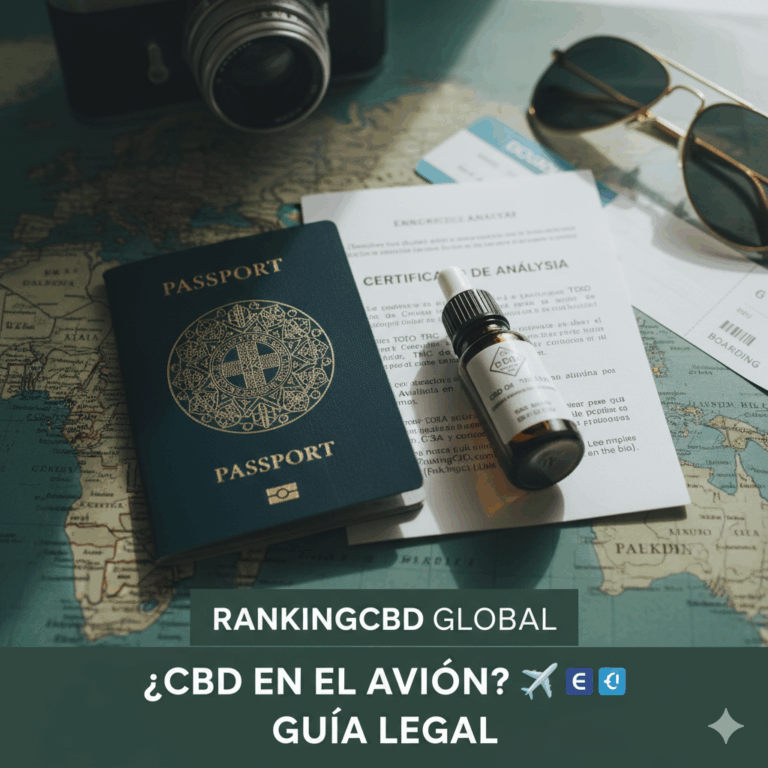 Botella de aceite CBD con Certificado de Análisis y pasaporte sobre mapa, para ilustrar cómo viajar legalmente con CBD en el avión.