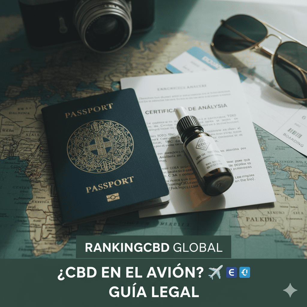 Botella de aceite CBD con Certificado de Análisis y pasaporte sobre mapa, para ilustrar cómo viajar legalmente con CBD en el avión.