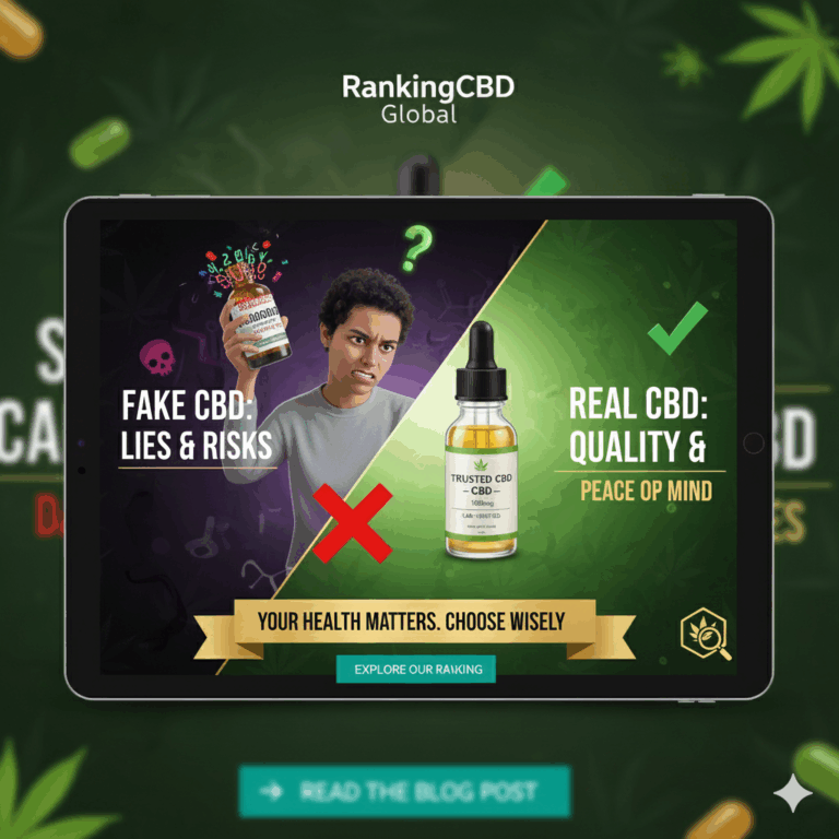Una mujer con expresión de duda sostiene un producto de CBD con etiquetado engañoso, contrastado con un frasco de CBD de calidad verificada, ilustrando la diferencia entre CBD falso y real.