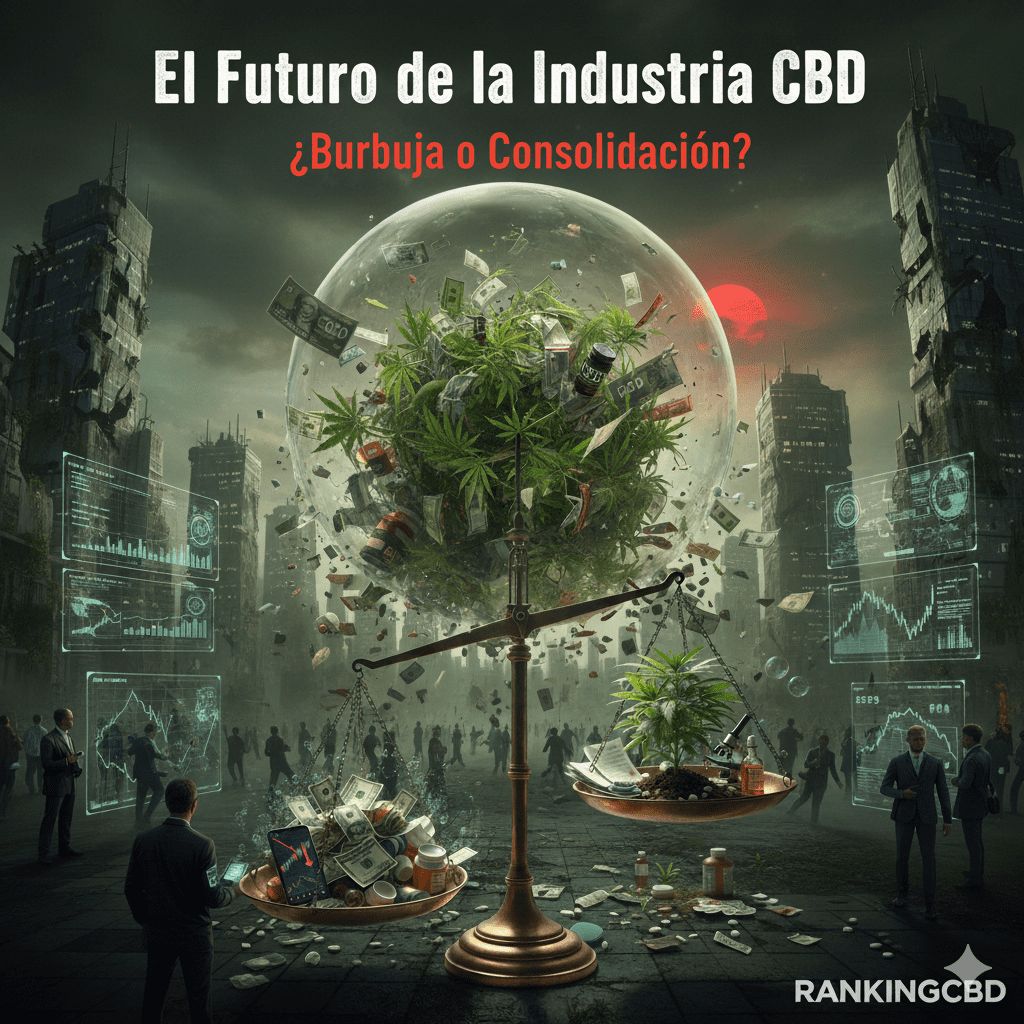 Visualización futurista de la industria del CBD en 2026 mostrando productos innovadores y tecnología de bienestar.