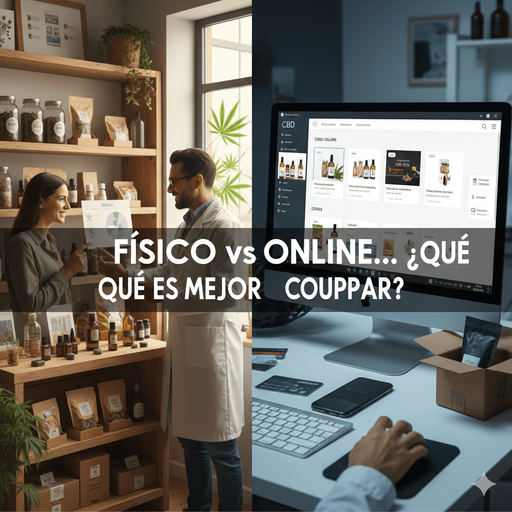 Comparativa visual entre una tienda física de CBD con estanterías de madera y una interfaz de tienda online en un monitor, mostrando la diferencia de precios y comodidad.