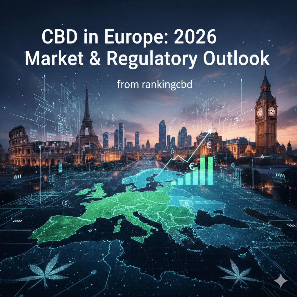 Mapa digital de Europa con gráficos de crecimiento financiero y hojas de cáñamo, representando las proyecciones del mercado de CBD para 2026.
