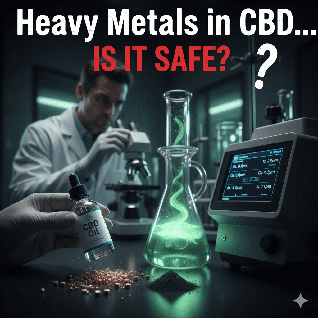 Un científico analizando un frasco de aceite de CBD en un laboratorio con equipos que muestran niveles de metales pesados como plomo y mercurio, bajo el texto "¿Es seguro?".