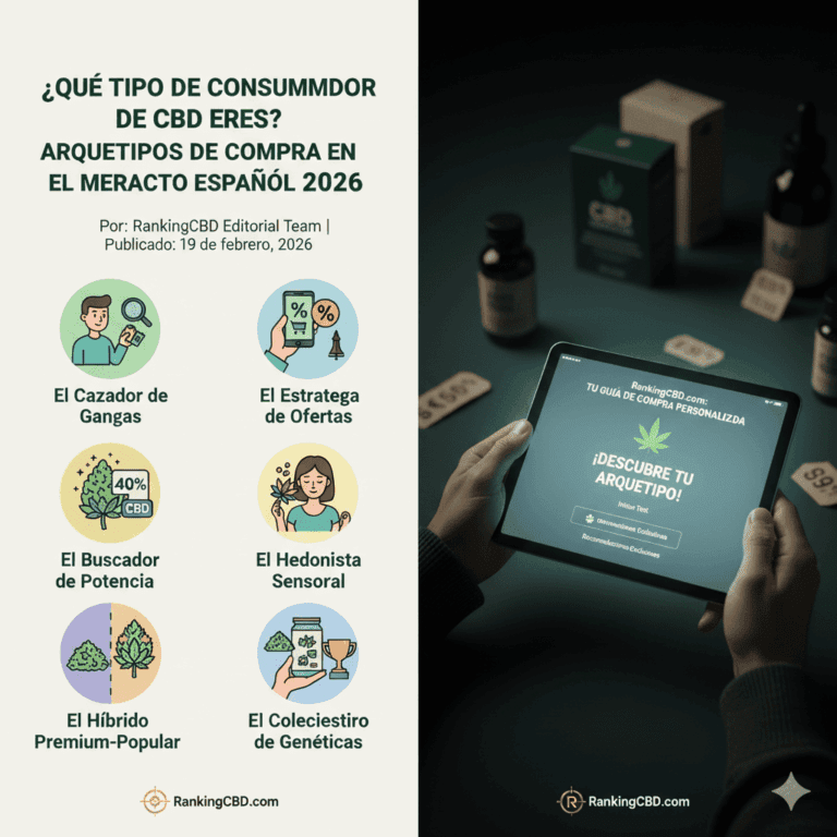Infografía de RankingCBD.com que muestra los 6 arquetipos del consumidor de cannabis CBD en España para 2026: Cazador de Gangas, Estratega de Ofertas, Buscador de Potencia, Hedonista Sensorial, Híbrido Premium-Popular y Coleccionista de Genéticas, junto a una tablet con un test personalizado.