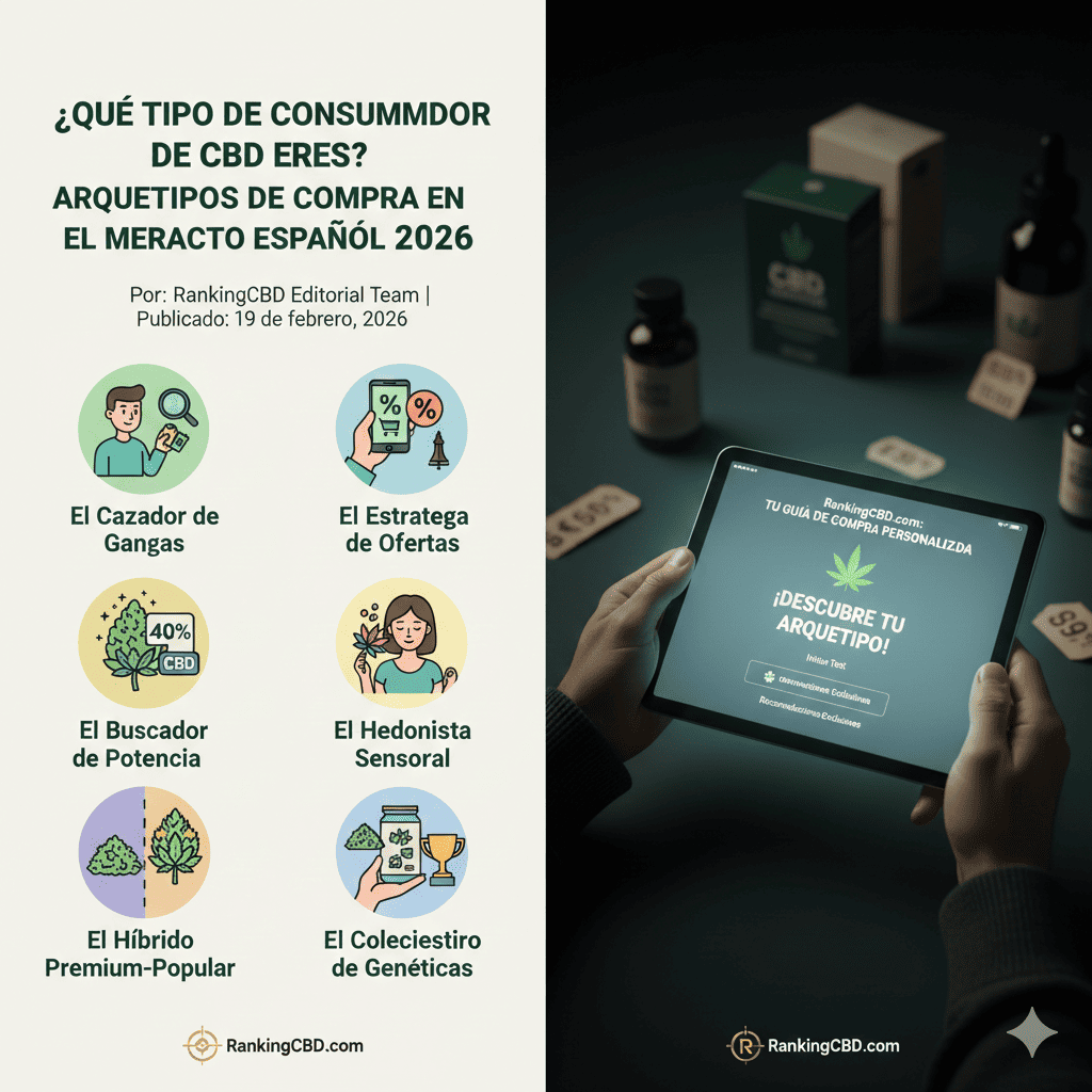 Infografía de RankingCBD.com que muestra los 6 arquetipos del consumidor de cannabis CBD en España para 2026: Cazador de Gangas, Estratega de Ofertas, Buscador de Potencia, Hedonista Sensorial, Híbrido Premium-Popular y Coleccionista de Genéticas, junto a una tablet con un test personalizado.