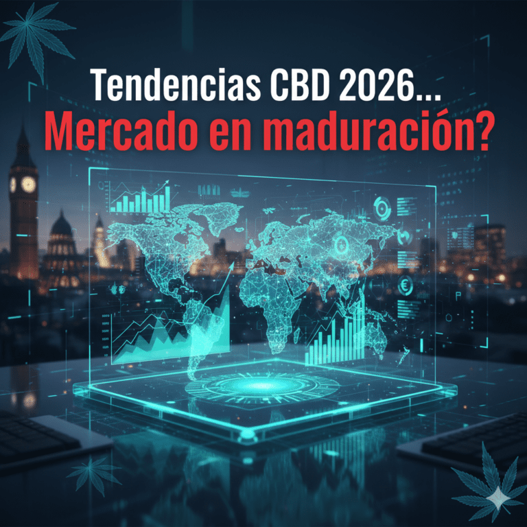 Interfaz digital futurista con un mapa global y gráficos de barras ascendentes, mostrando el crecimiento y la maduración del mercado de CBD en 2026.
