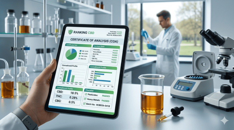 Certificat d'analyse (COA) de CBD affiché sur une tablette dans un laboratoire, garantissant la pureté et la légalité des produits Easy Weed.