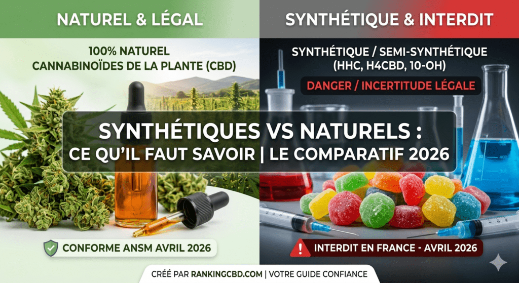 Comparatif 2026 entre CBD naturel et cannabinoïdes de synthèse (HHC, H4CBD, 10-OH) : dangers et légalité en France.