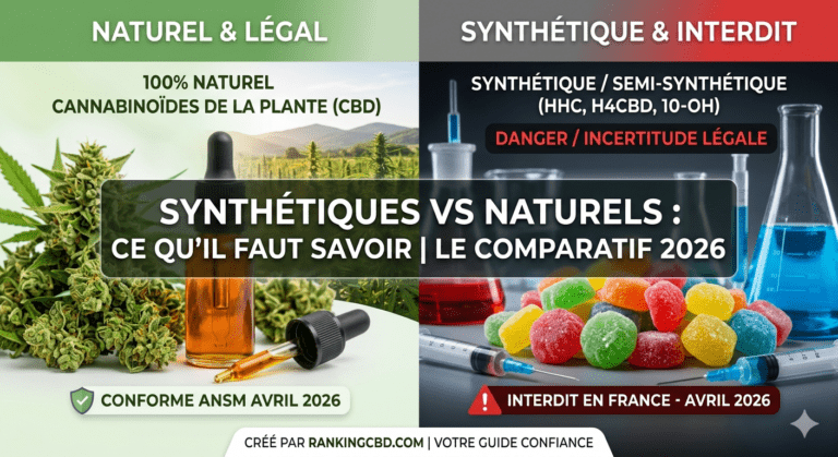 Comparatif 2026 entre CBD naturel et cannabinoïdes de synthèse (HHC, H4CBD, 10-OH) : dangers et légalité en France.