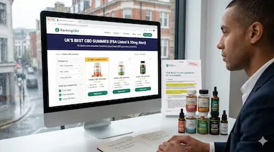 User researching CBD product compliance in the UK using RankingCBD.com filtering tools and FSA Public List definitions on a monitor.