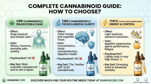 Complete cannabinoid guide infographic: comparing the effects and benefits of CBD, CBG, and THCV.