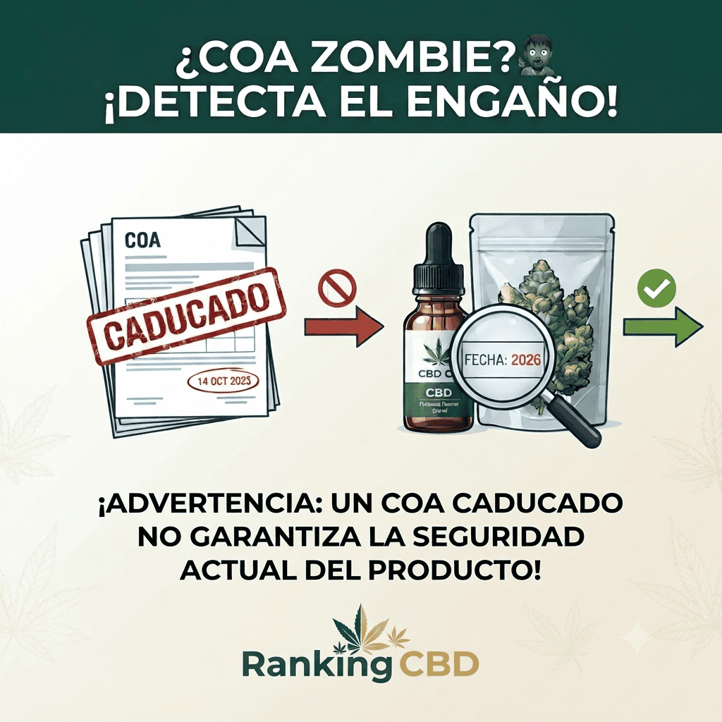 Infografía de Ranking CBD sobre cómo detectar un COA zombie o caducado en productos de CBD