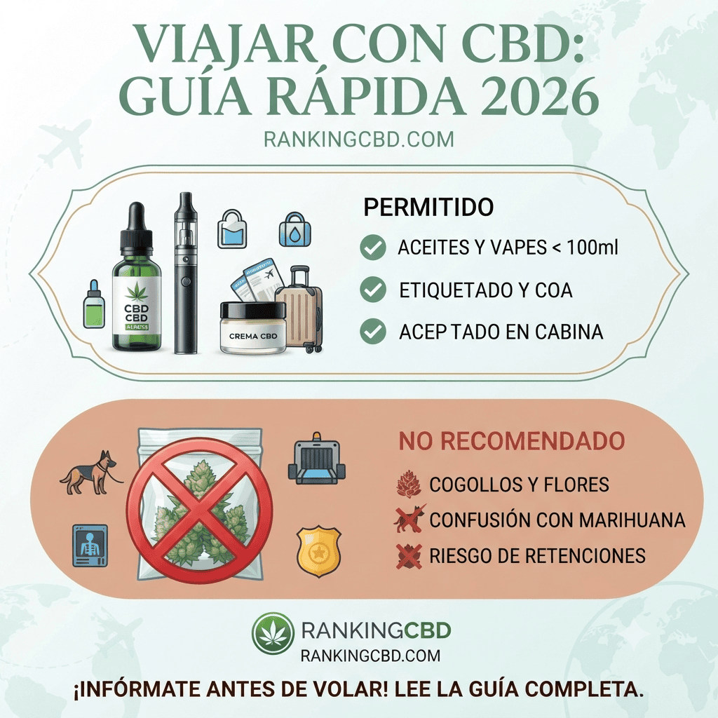 Infografía de Ranking CBD sobre la guía rápida para viajar con CBD en 2026, indicando qué está permitido y qué no